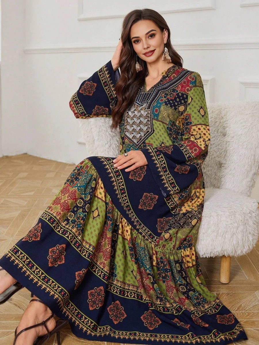 

Мусульманское женское арабское Дубай Абая, роскошное длинное платье с этническим принтом, кафтан, скромный халат Рамадана, женское африканское платье, исламская одежда