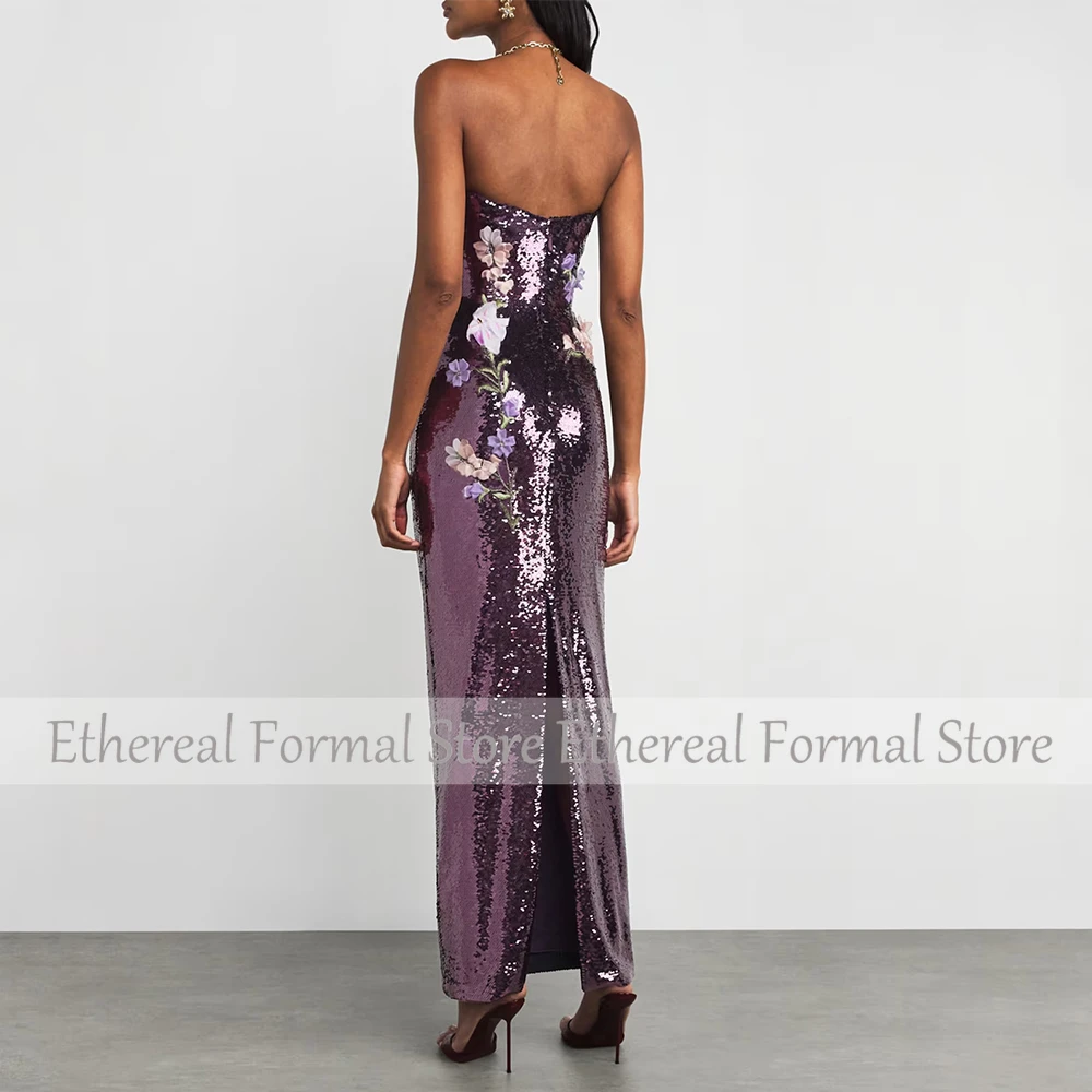 Glitter สีม่วงเลื่อมชุดราตรีข้อเท้าความยาวชุดพรรคอย่างเป็นทางการ Strapless ซาอุดีอาระเบียชุดดอกไม้พรหมชุด
