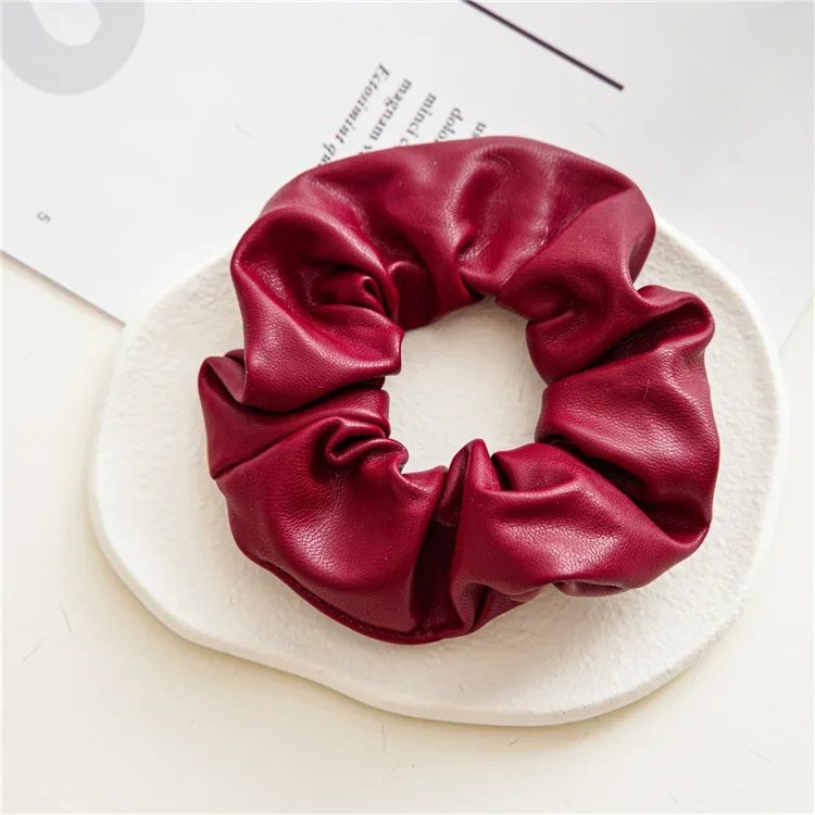 2023 Fashion Leather Scrunchies Solid Red Rubber Bands for Women Girls Korean Elastic Hair Bands Ponytail Hold Hair Accessories