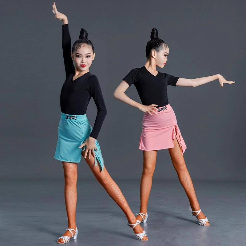 Jupe de danse latine personnalisée pour filles, nouvelle robe d'entraînement pour enfants, haut fendu et jupe, robe de spectacle longue à manches courtes, 2 pièces
