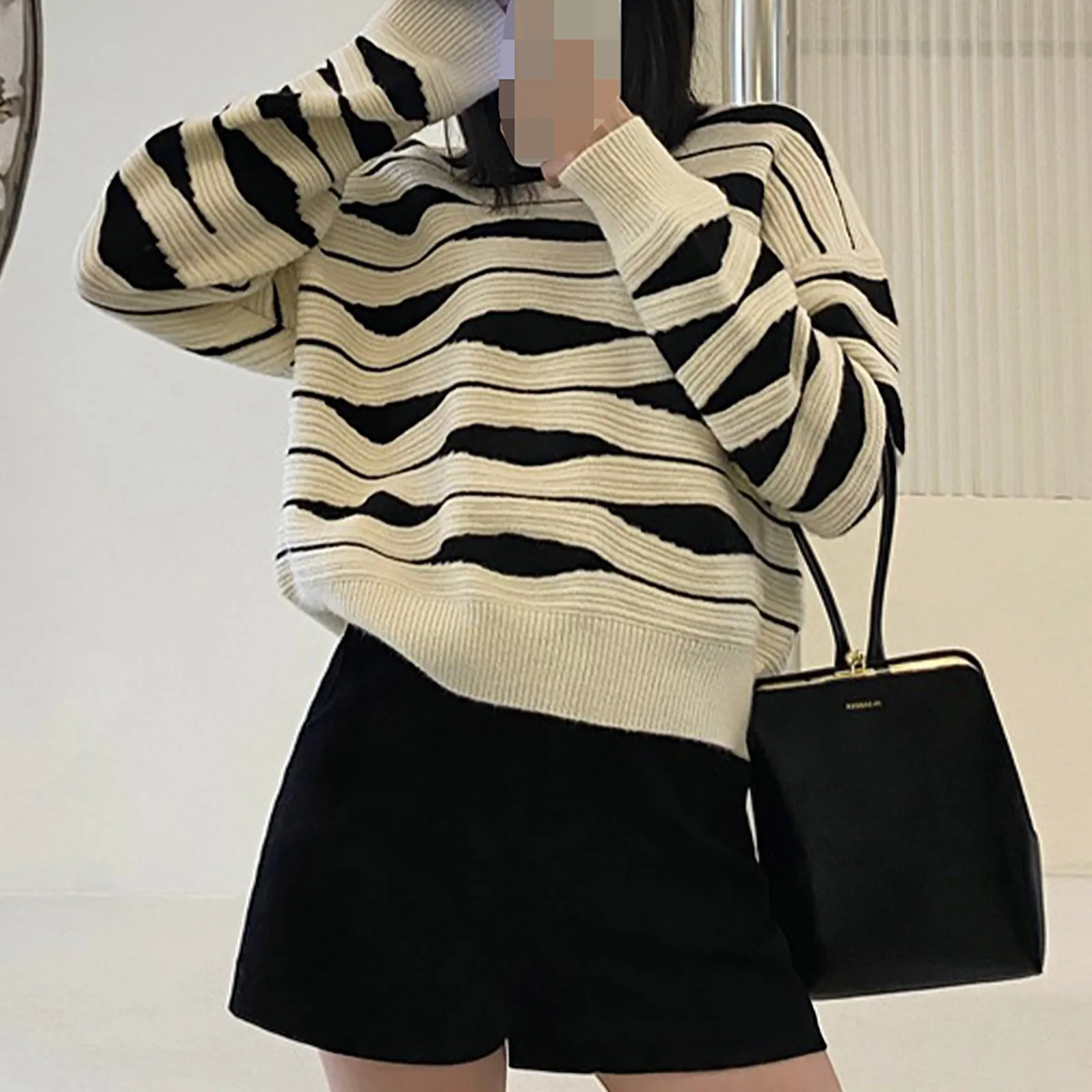 

Ladies Sweaters Purple Pullovers Knitted Top for Women Round O Neck Striped Designer 2024 New Collection Korean Trend Pullover