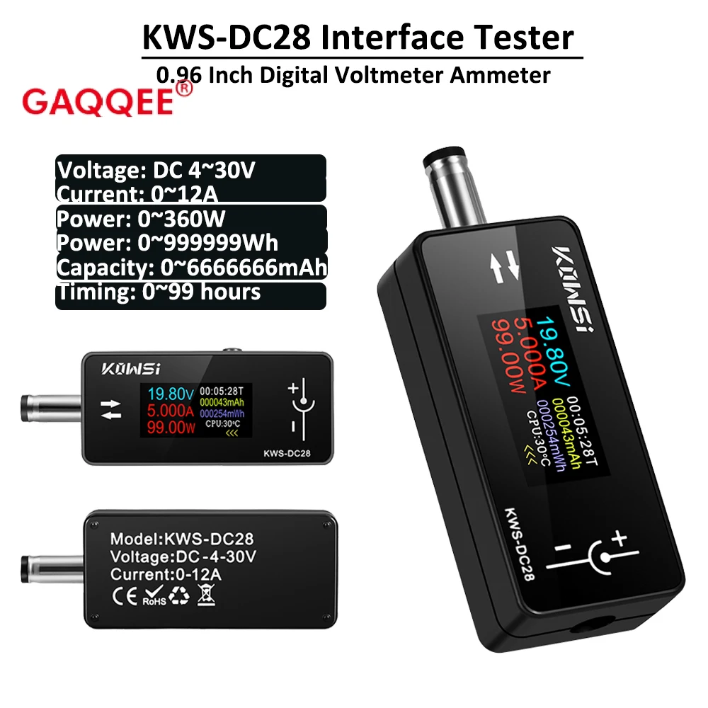 

DC 4~30V 12A Digital Voltmeter Voltage Current Capacity Power Indicator Test KWS-DC28 Intelligent Interface Tester TFT Display