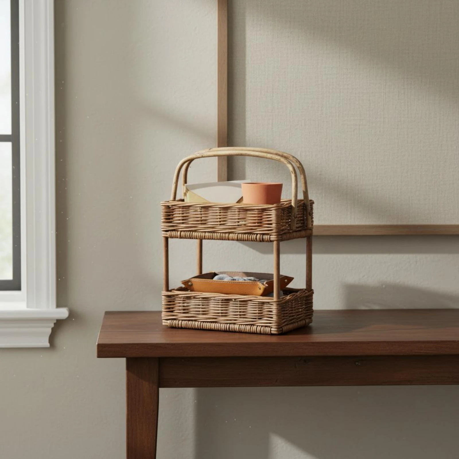 

Woven Storage Basket Handwoven 2-Tier Storage Basket Wicker Organizer Shelf Natural Look Tiered Rack Space Saving