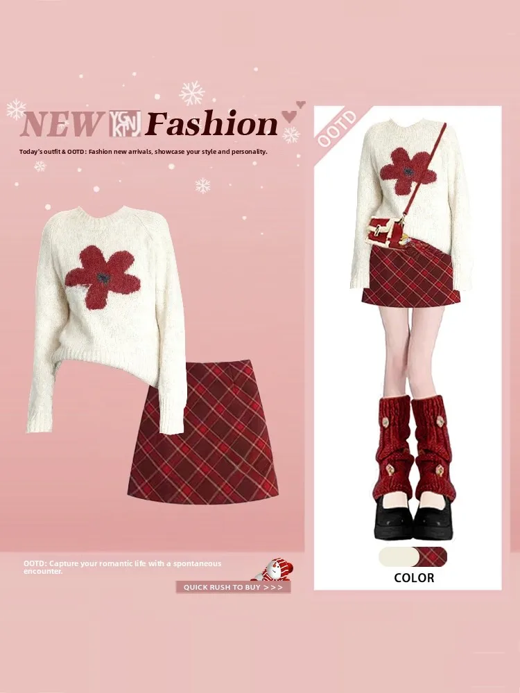 College Sle Red Flower Knitted Sweater Plaid Skirt Women's Winter Faion Set Younglooking Twopcs round Ne Long Sve