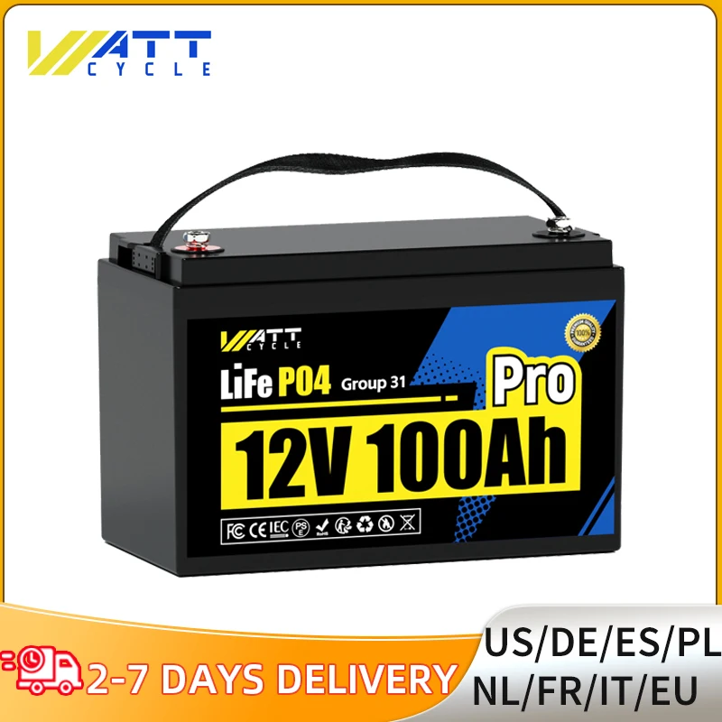 Wattcycle 12V 100Ah PRO Group 31 Size With 110A Smart BMS  High Performance LiFePO4 Battery For Home or Outdoor Power Supply