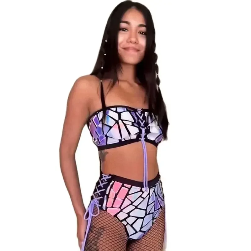 Women Sexy Pole Dance Clothing Nightclub Dj Ds Rave Outfit Stage Gogo Dancer Costumes Fantasy Mirrors Top Shorts Set