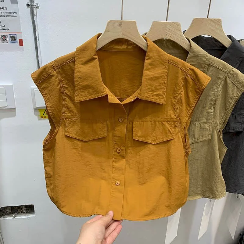 Crop Tank Tops Casual Korean Style Polo-neck Workwear Single-breasted Shirts Aesthetic Ins 2026 Summer Wear Women Clothing