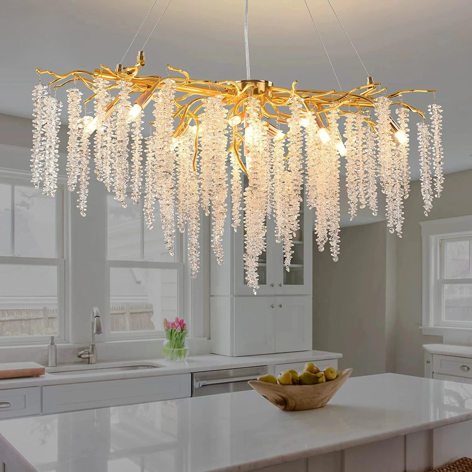 

Luxury Metal Crystal Cascade Banquet Round Branch Chandelier Indoor Hanging Lamp Living Dining Room Decorative Lighting