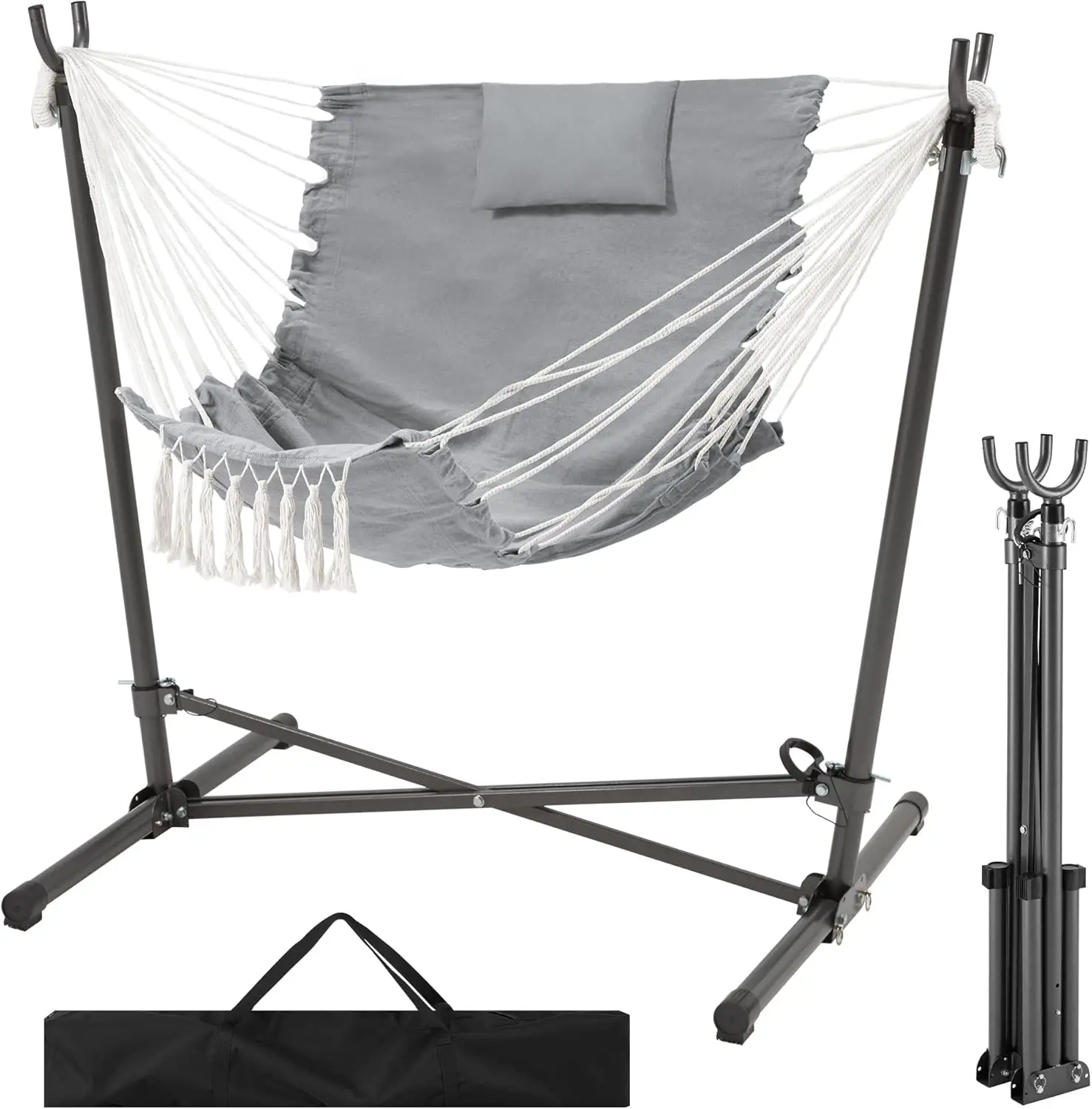 

Hammock Chair with Stand. Hanging Chair. Macrame Boho. Adjustable Swing. Headrest & Side Pocket. 450lbs Capacity. Gray.