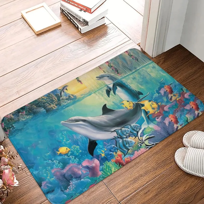 Marine Life Dolphin Carpet Floor Door Bathroom Entrance Non Slip Mat Bedroom Entrance Foyer Marine Animal Door Mat