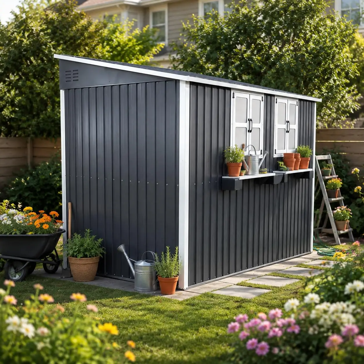 Multifunctional Outdoor Metal Storage Shed 10x5 FT Sloping Roof Bicycle & Motorcycle Rails Heavy-Duty Waterproof, Customized