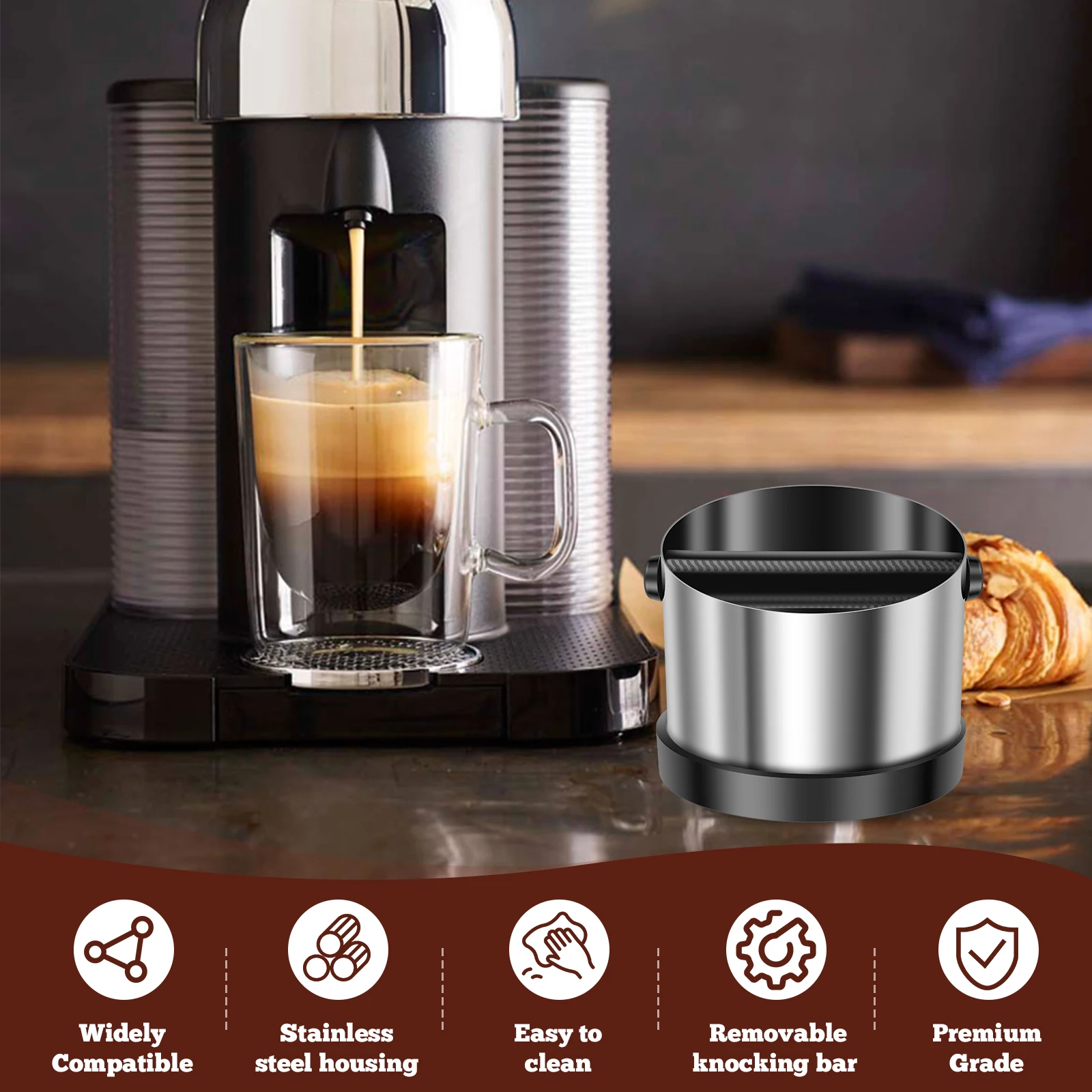 صندوق طحن القهوة مع شريط طحن من الفولاذ المقاوم للصدأ، حاوية أرضية الإسبريسو، ملحقات آلات الإسبريسو العالمية