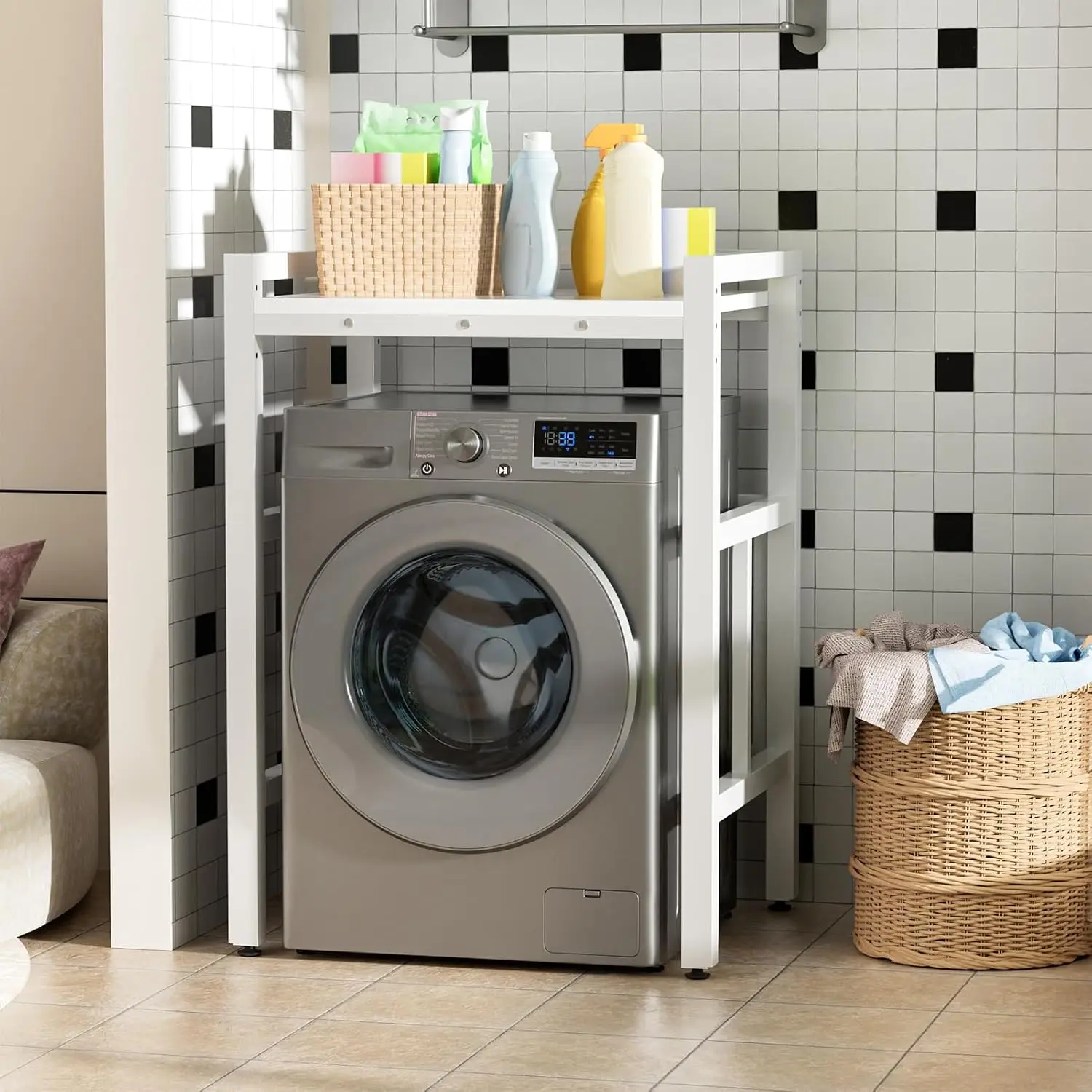 Universal Washer Dryer Stacking Rack Stand Over The Washer and Dryer Storage Shelf, Height Adjustable Space Saving Metal Washing