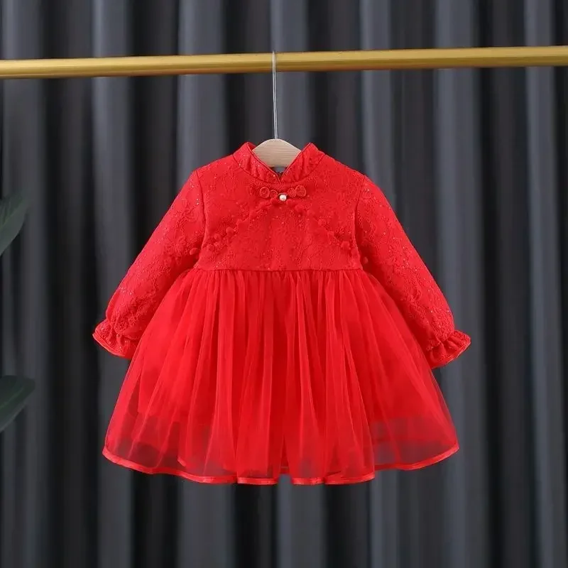 Traje Tang rojo de terciopelo para niña, ropa de bebé, traje tradicional chino, Año Nuevo, vestido de princesa Hanfu, Cheongsam para niños, Invierno