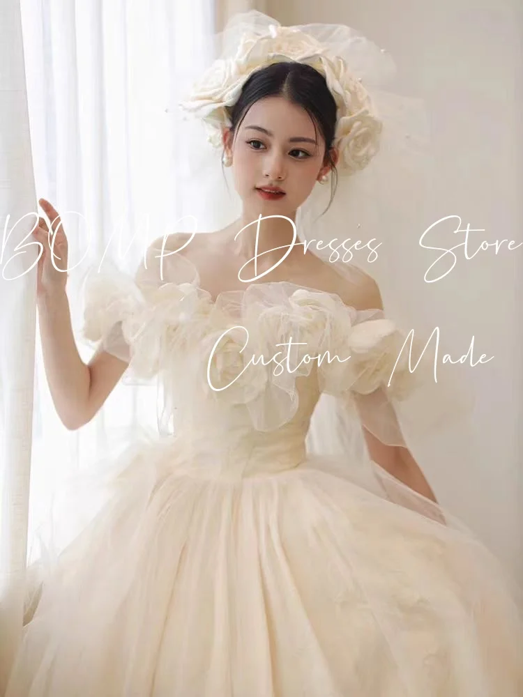 BOMP-vestido de novia elegante con flores, hombros descubiertos, corte en A, largo hasta el suelo, tul marfil, sesión de fotos coreana, vestido de recepción nupcial personalizado
