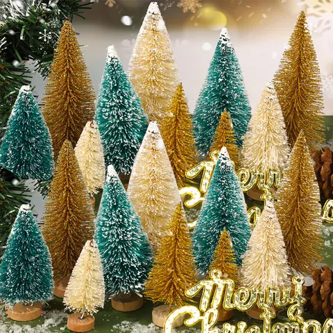 Artificial Mini Christmas Tree DIY Crafts Sisal Pine Tree Desktop Miniature Ornaments with Wood Base Winter Xmas Party Decor