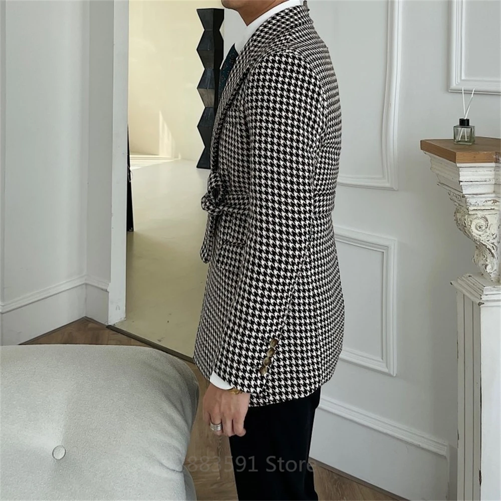 Houndstooth Double Breasted Wedding Suits For Men 2 Piece Slim Fit Male Fashion Groom Tuxedo Set With Belt Latest Design 2024