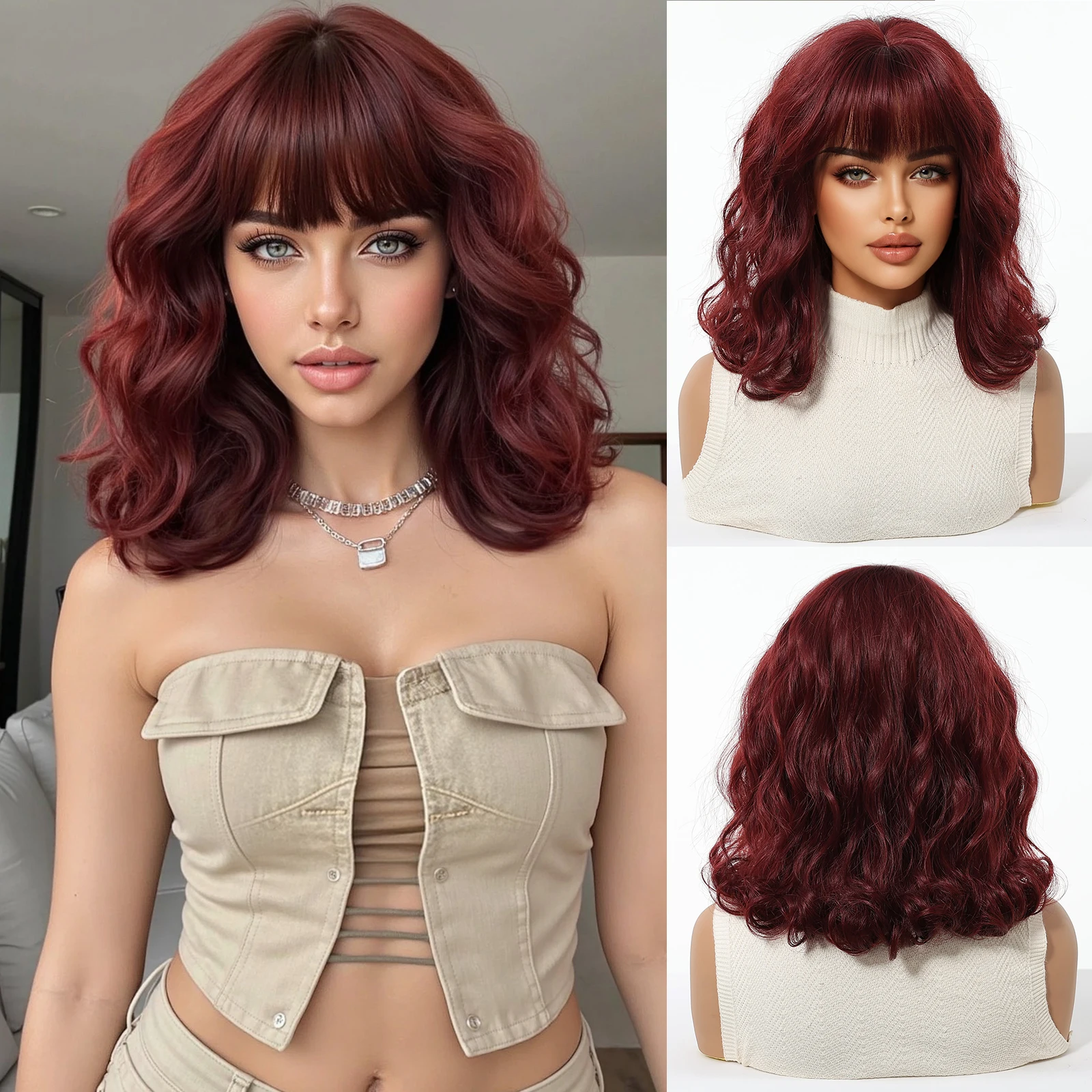 14  Inches Dark Red Short Wavy Fashion Synthetic Cosplay Wigs For Women Daily Party Use Heat Resistant Fiber Natural Looking