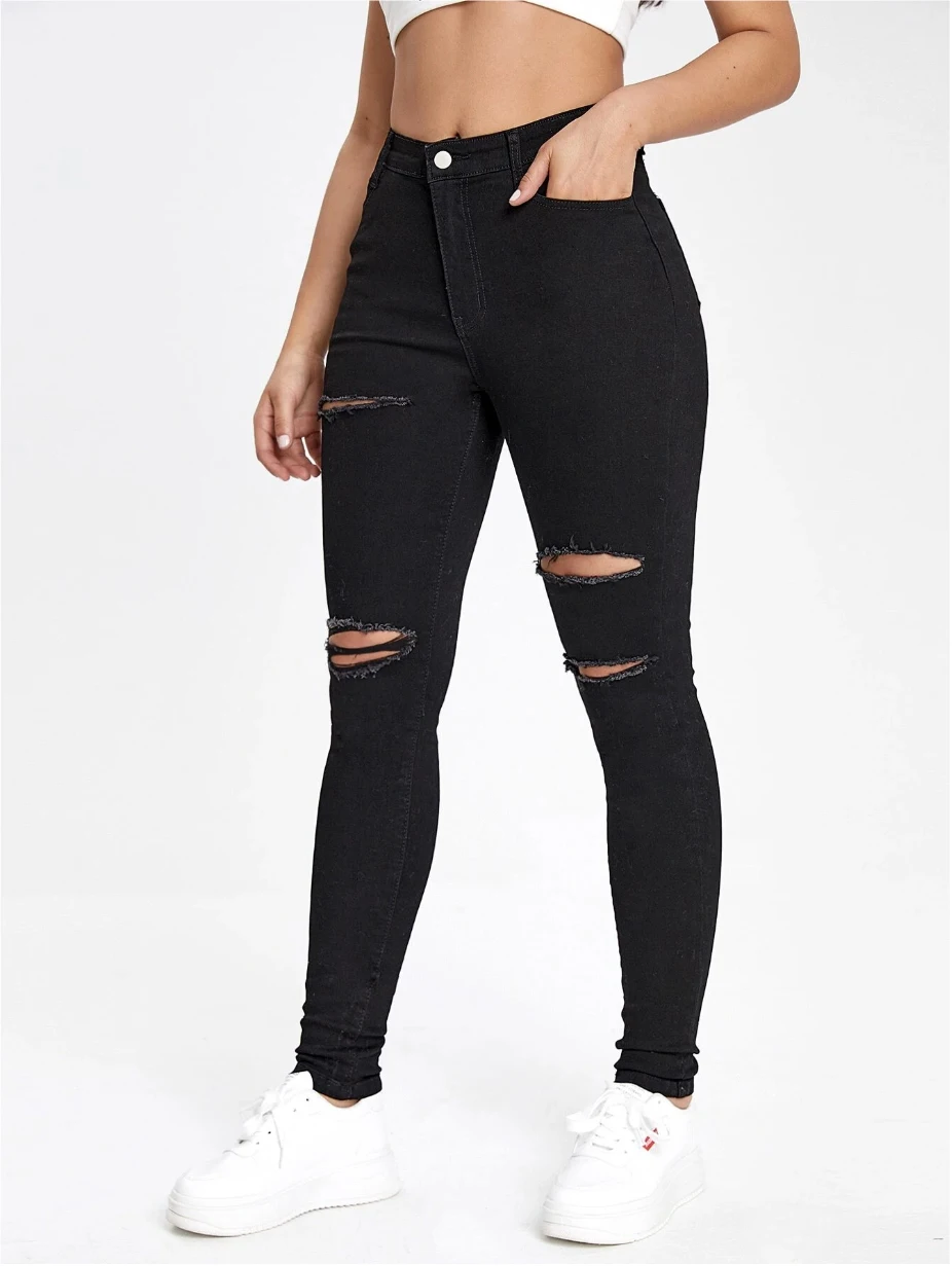 جينز نحيف عالي الخصر قابل للتمدد | تصميم ممزق أنيق، خالد ومتعدد الاستخدامات للمظهر العصري #5