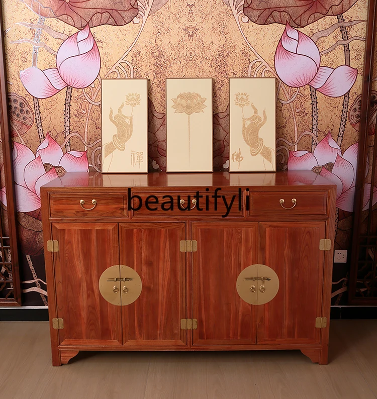 Chinese-style dining side cabinet, solid wood elm foyer, entrance cabinet, simple four-door living room storage cabinet, locker