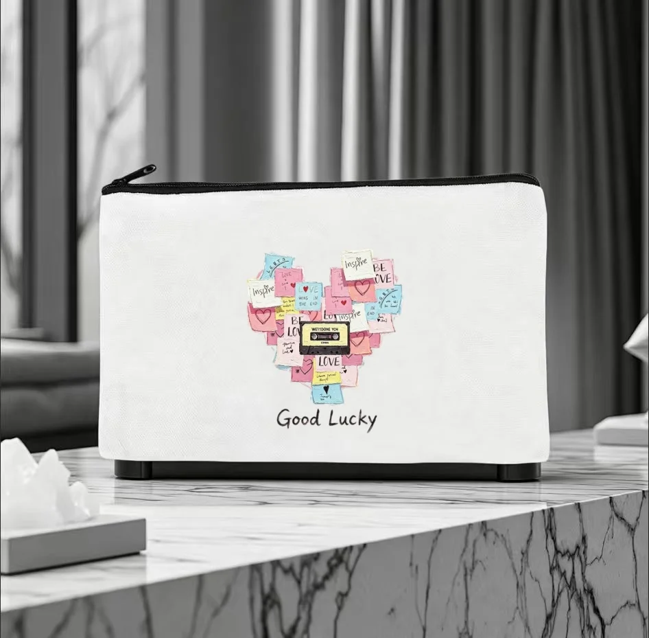 1PC Colorful Sticky Note Heart Cassette Tape Good Lucky Canvas Cosmetic Bag Double Sided Portable Travel Zipper Pouch