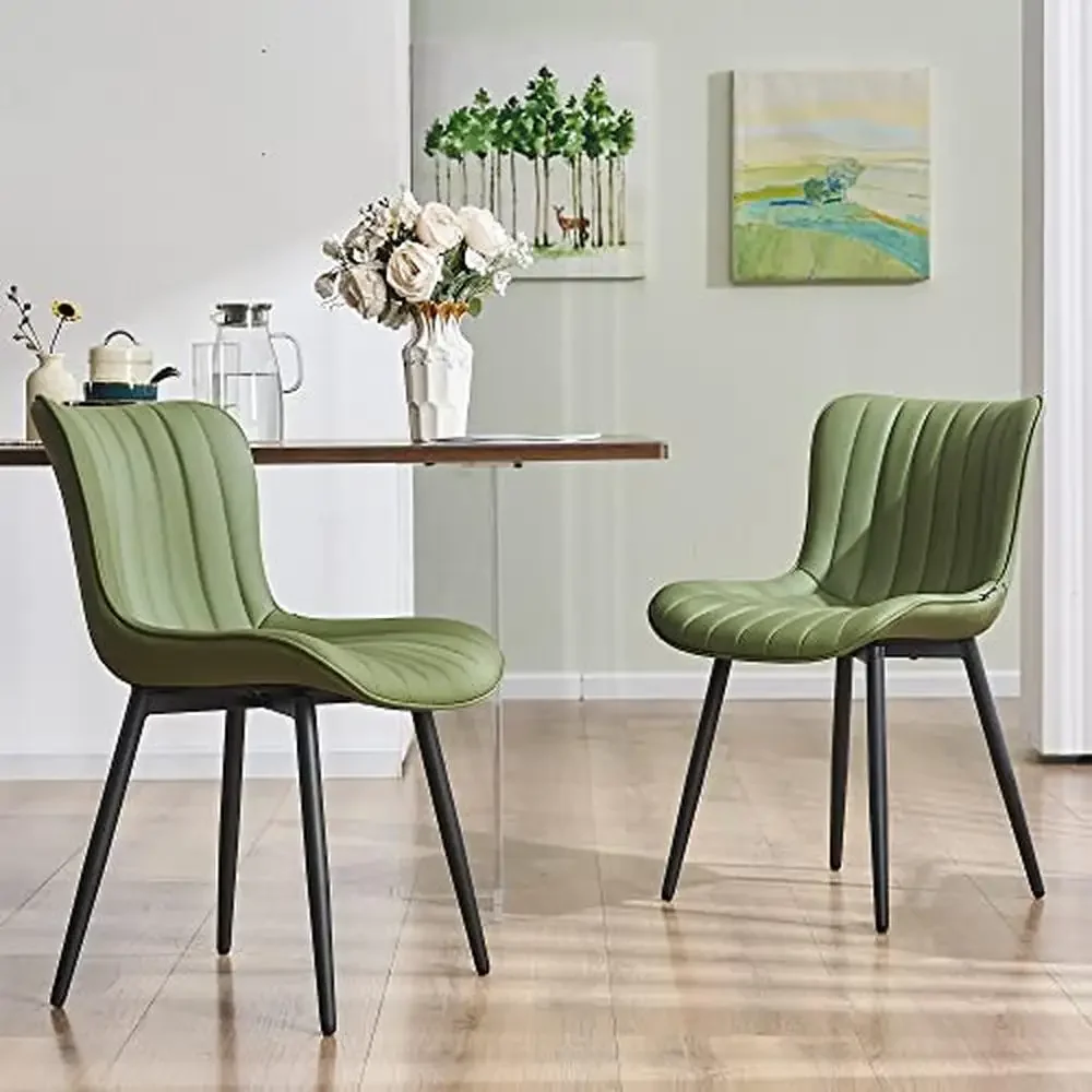 Set of 2 Olive Green Upholstered Dining Chairs Mid Century Modern Armless Kitchen Room Accent Side Waterproof Faux Leather Easy