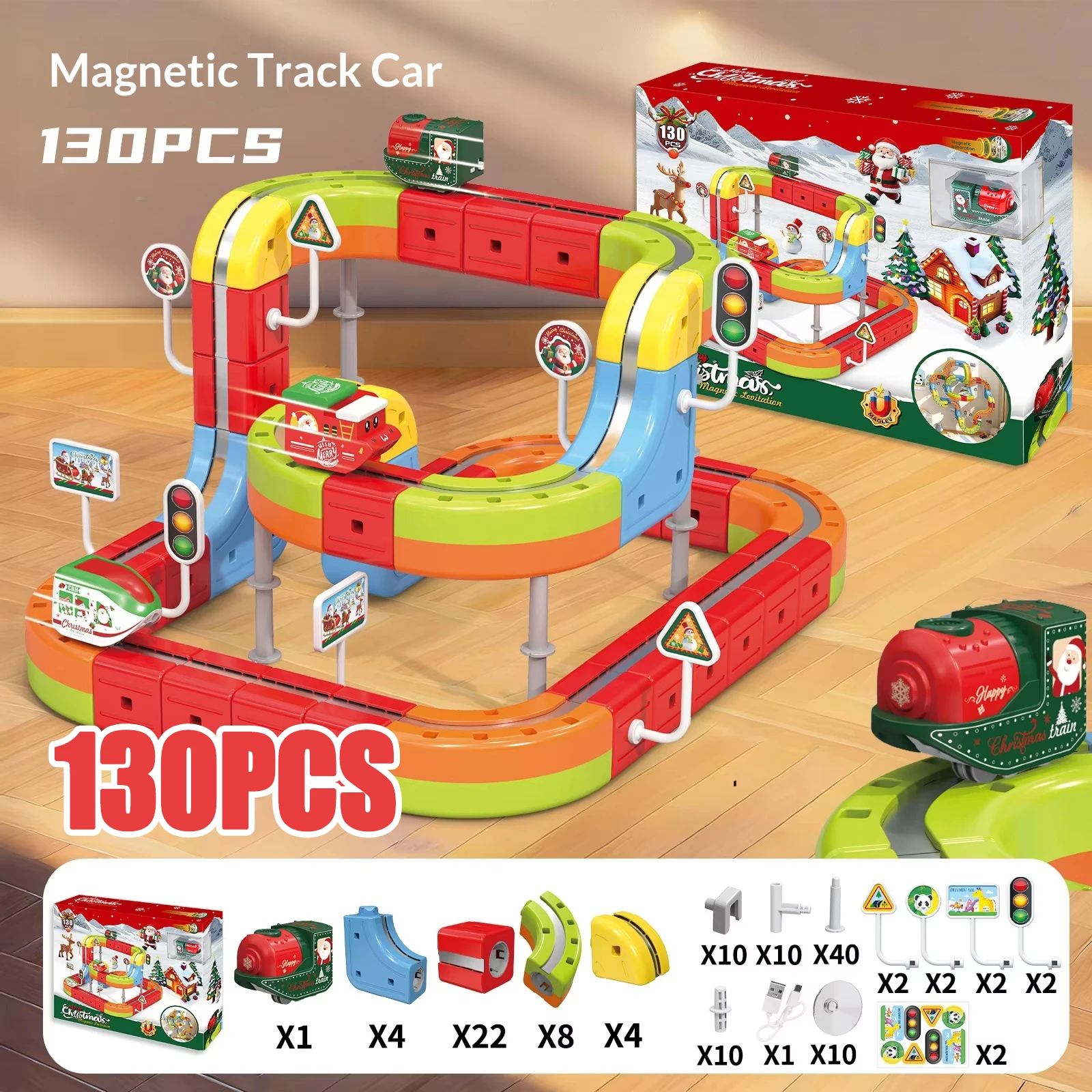 

130pcs Christmas Set Children Anti-Gravity Magnetic Track Train Flexible Changeable Magic Rail Car Electric Assembly Toy Gift