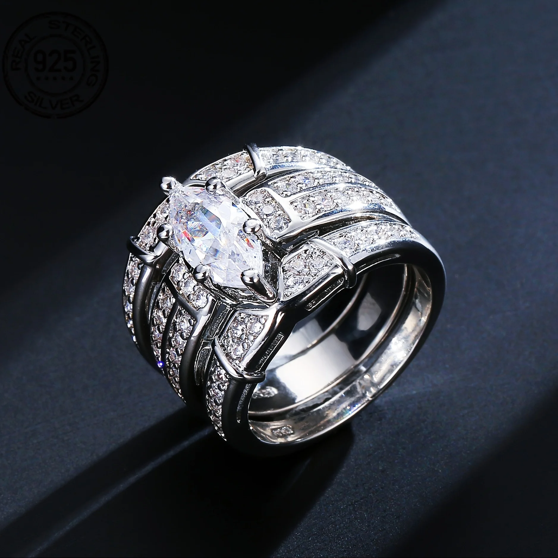 3 قطعة/المجموعة الأزياء الفاخرة 925 فضة تكويم هندسية الزفاف العروس خواتم مجموعة غرامة مجوهرات #4