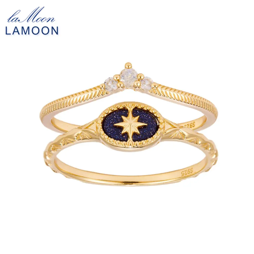 LAMOON Vintage Labradorite S925 Silver Engraved Ring For Women Simple Exquisite Blue Sand Stone Gold Vermeil Fine Jewelry