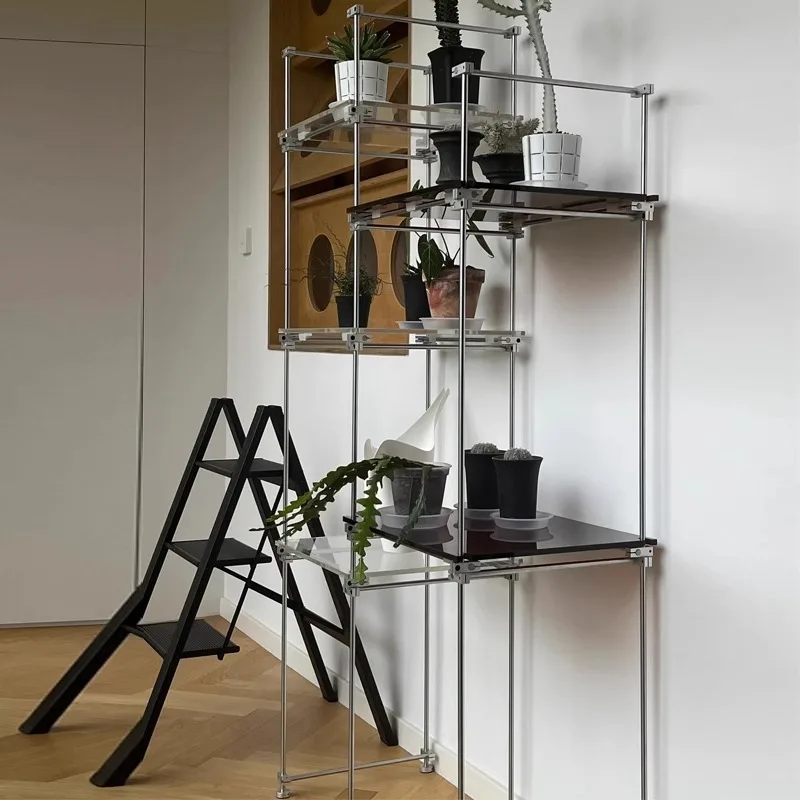 

Floor optical axis baffle multi-layer bookshelf Japanese stainless steel acrylic shelf flower stand balcony storage rack