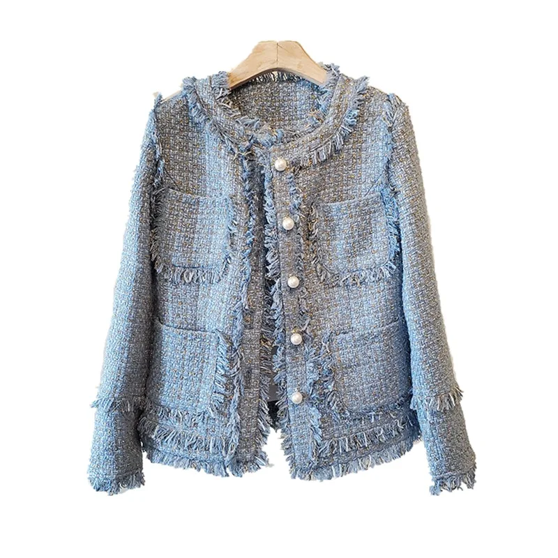 

Blue Tweed Jacket Sequin Fabric Spring/Autumn/Winter Women's Coat Tassels, classic jacket Ladies Top one-piece