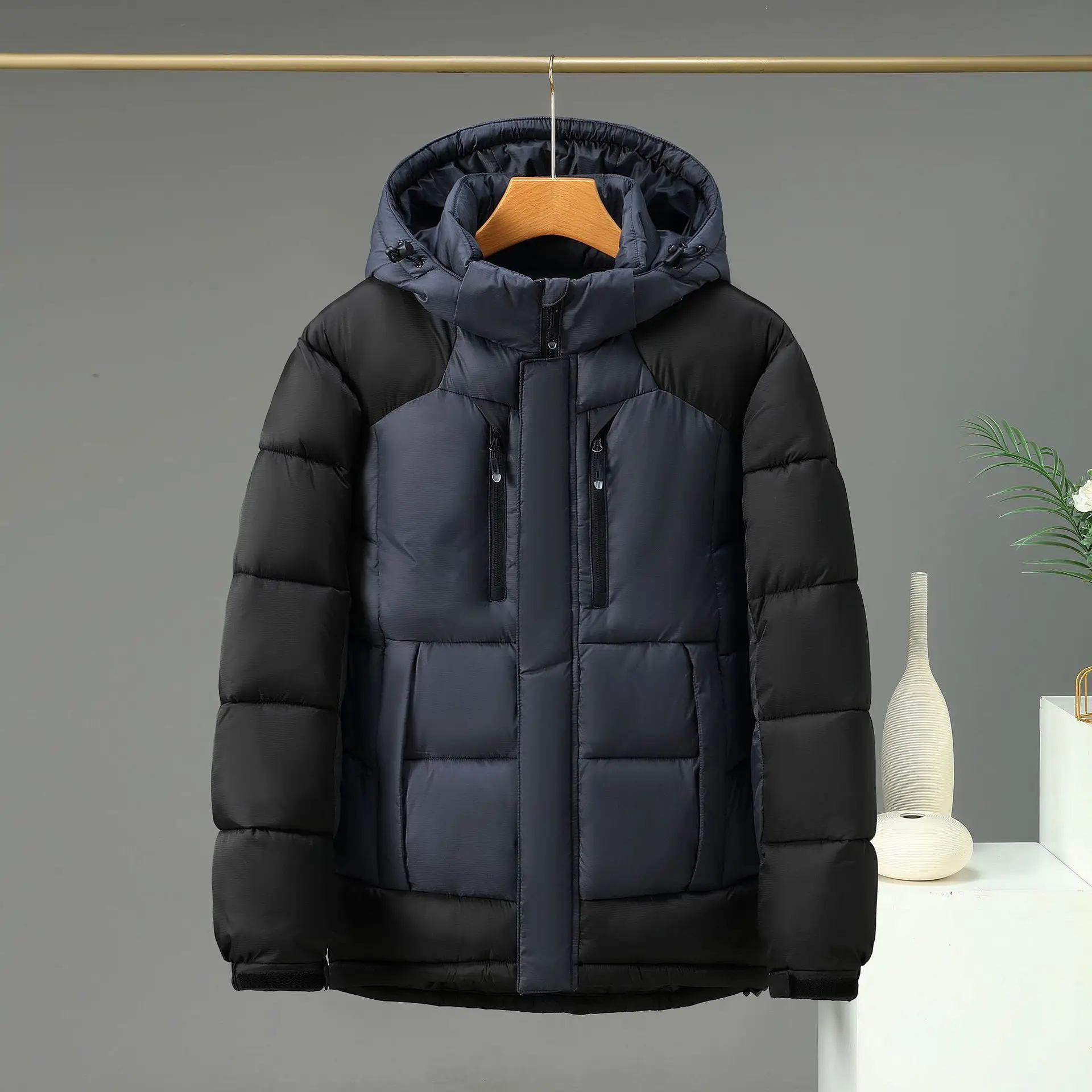 2024 Men's Winter Warm Cotton-Padded Coat Colorblock Hood Detachable Hat Cotton-Padded Coat