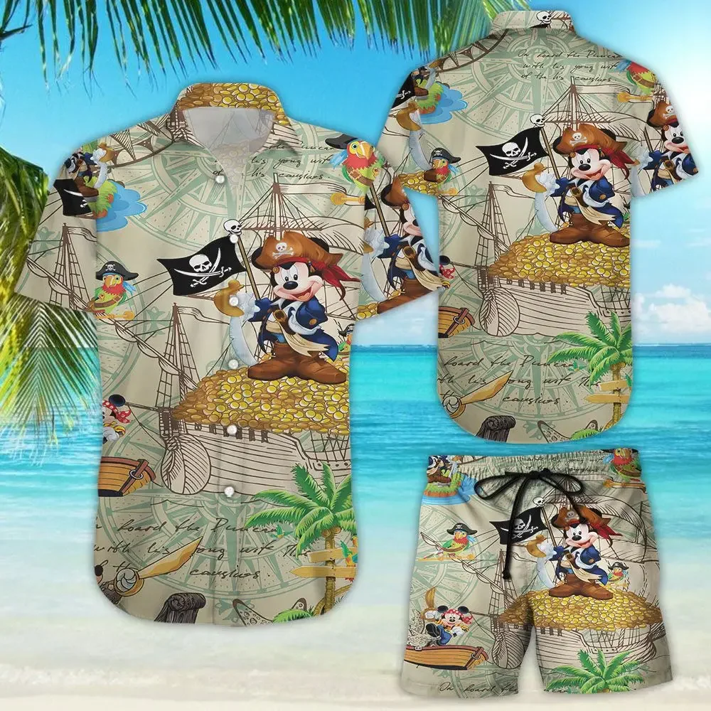 Conjunto de camisa e shorts havaiano mickey masculino e feminino, casual de férias na praia, botão vintage, verão