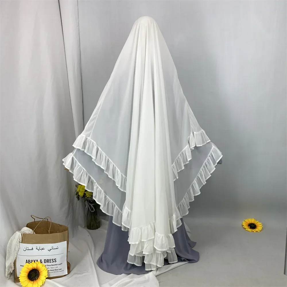 

Eid Long Khimar Headscarf Muslim Ruffles Hijabs Turban Arab Abaya Turkey Headdress Ramadan Djellaba Prayer Garment Islam Niqab