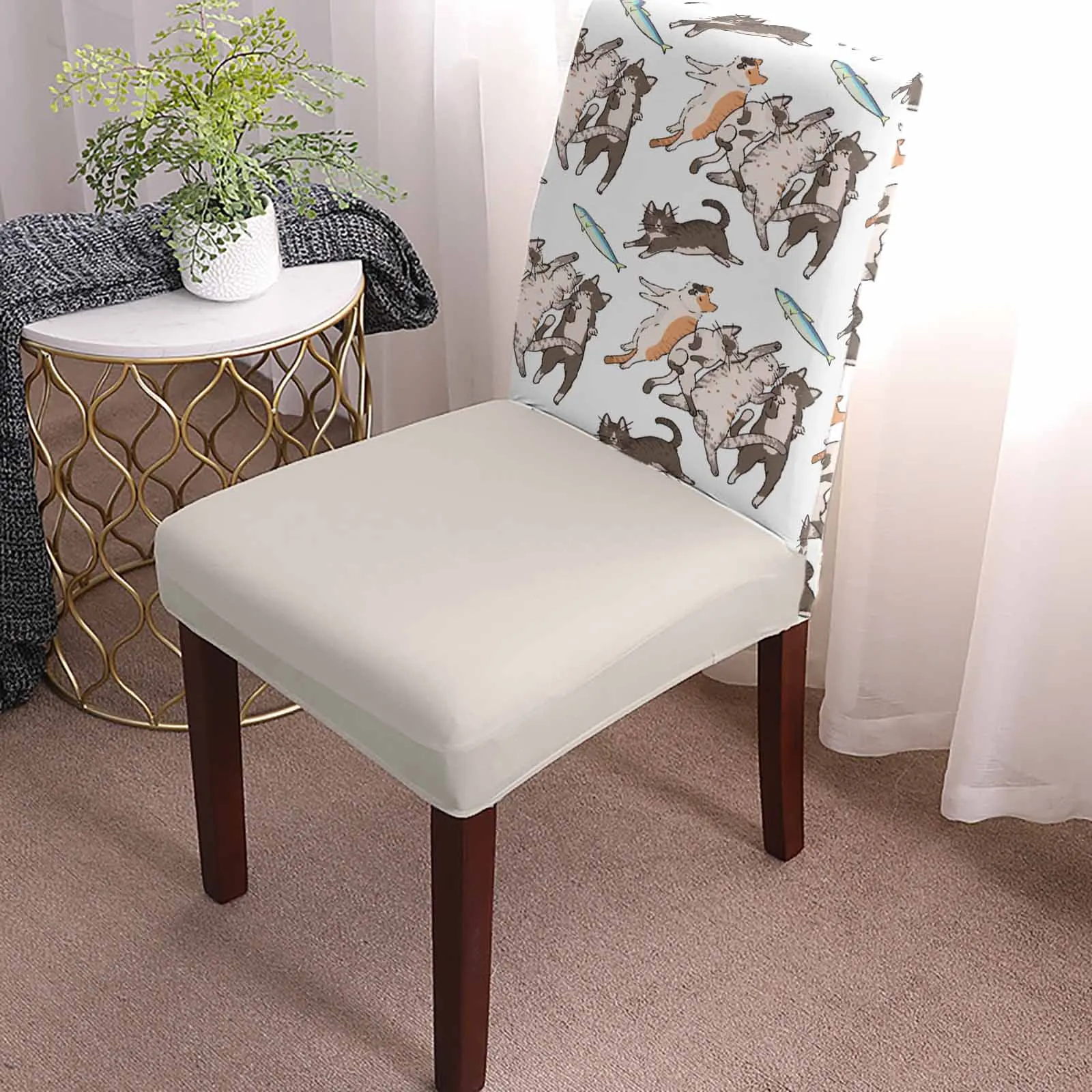 Cat Animal Fish Chair Cover Set Kitchen Stretch Spandex Seat Slipcover Home Decor Dining Room Seat Cover