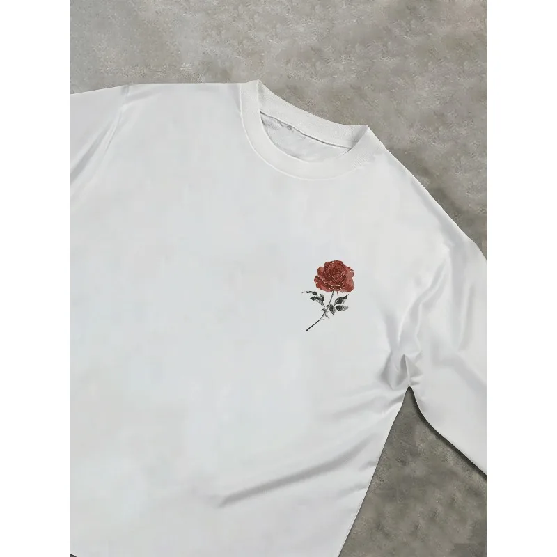Men's Graphic Tee Stylish Rose Print Long Sleeve Cotton TShirt for Casual Wear Comfortable Durable and Fashionable Top