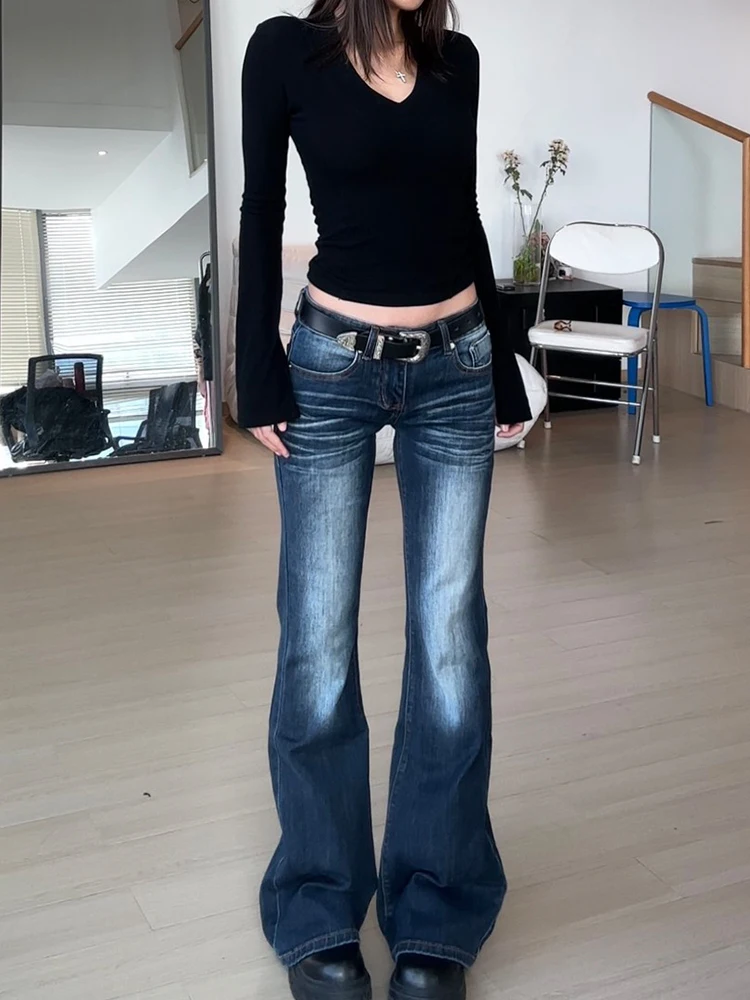 Low Waist Bell Bottom Blue Jeans Women's Stretchy Slimming Denim Pants Spring Autumn Wear Micro Flared Trousers Petite Size