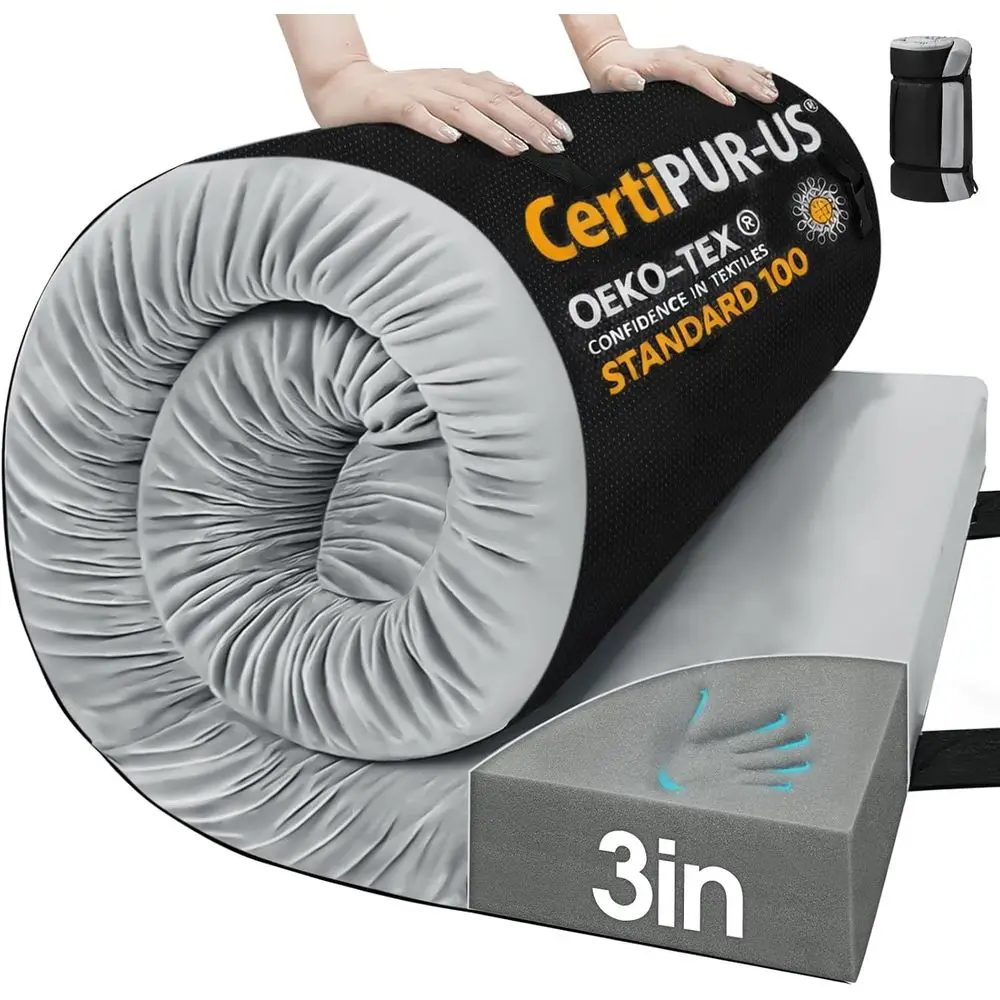 Portable Roll-Up Camping Mattress Pad, 3 Inch Thick for Outdoor, Car, and Tent Use with Non-Slip Bottom