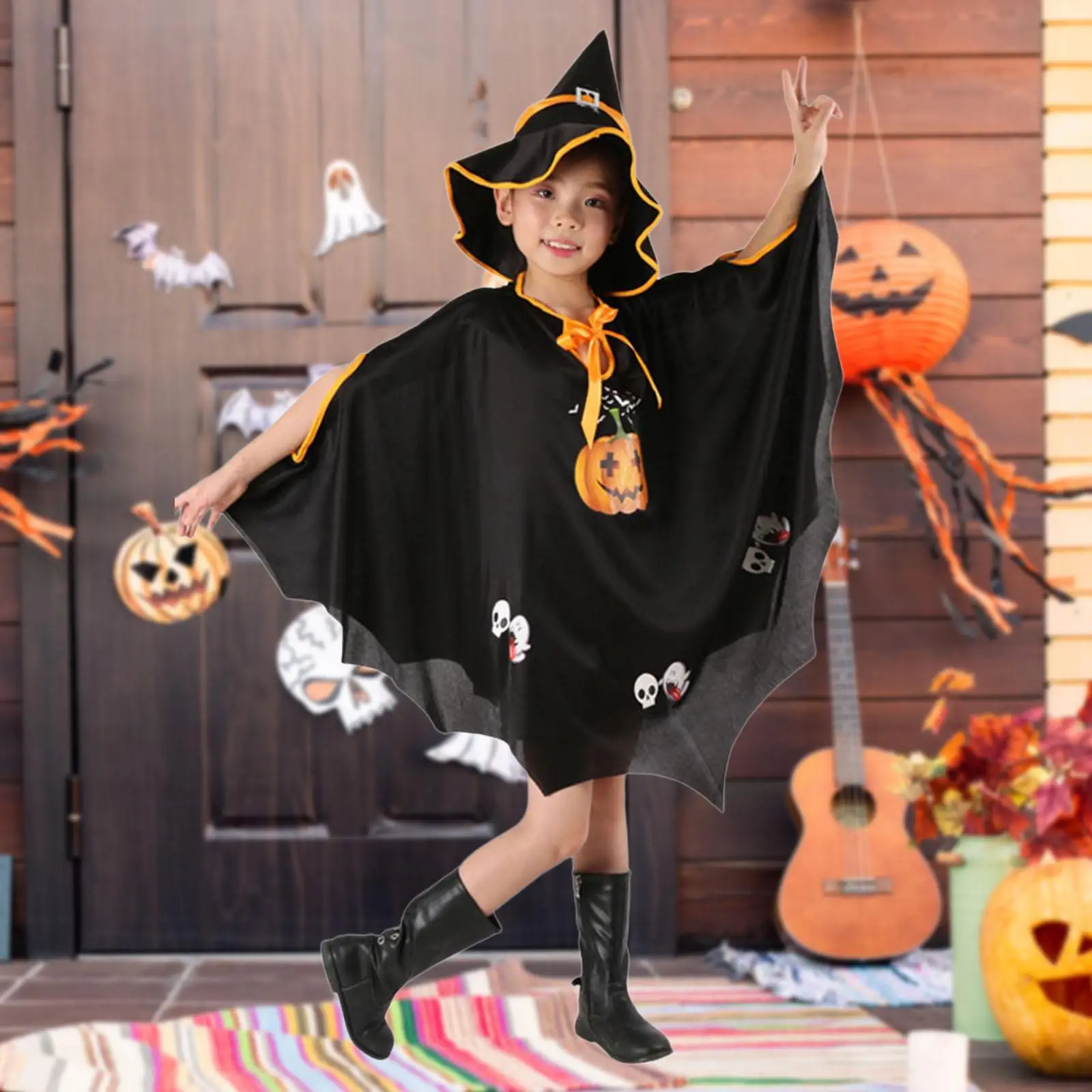 Fantasia infantil de Halloween, capa e chapéu de bruxa para performance em festival, dramatização preta