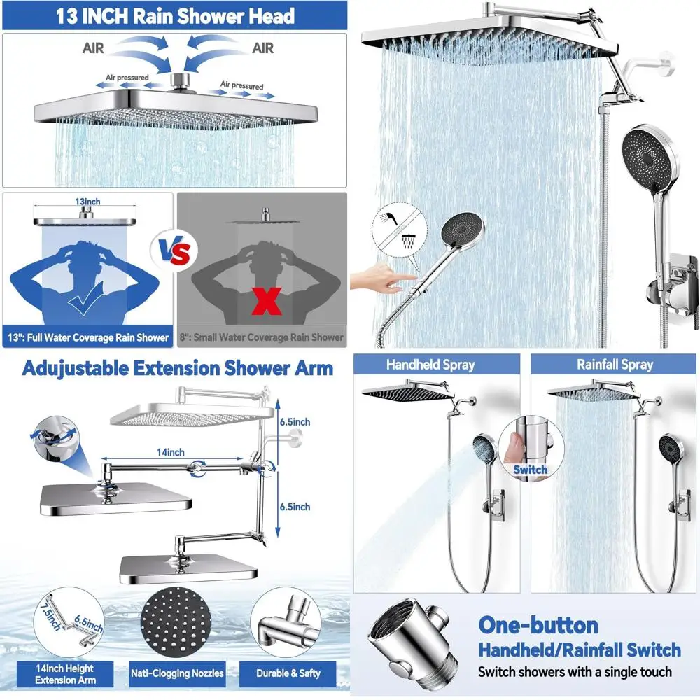 

13-дюймовая душевая лейка двойного назначения с ручной насадкой, 3 режима работы, выдвижной кронштейн, шланг из нержавеющей стали 71 дюйм