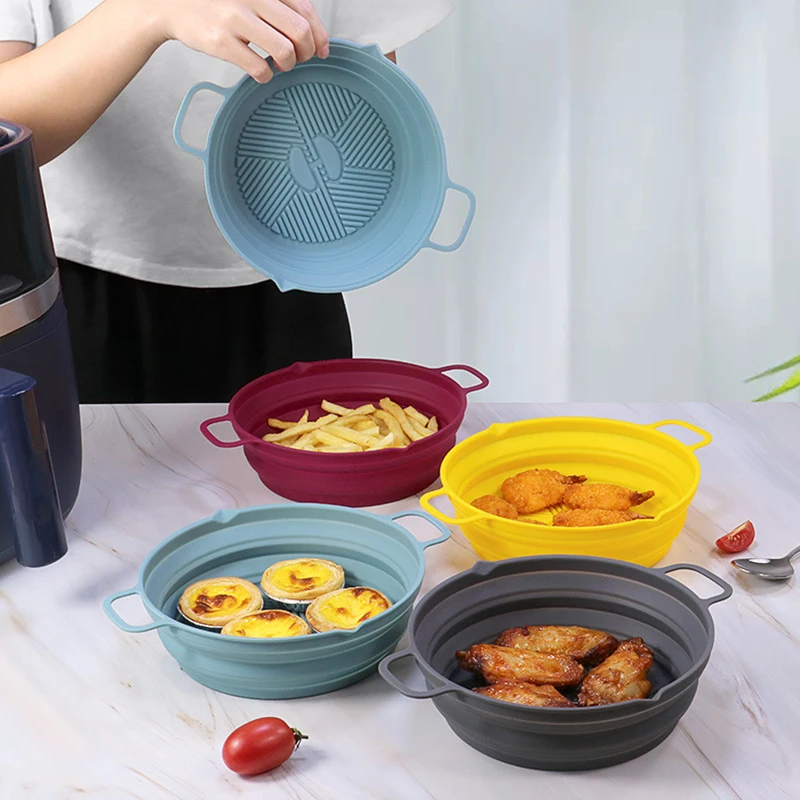 Foldable Air Fryer Silicone Oven Pot Baking Tray Fried Chicken Basket Mat Pan Baking Reusable Container Pan Kitchen Accessories