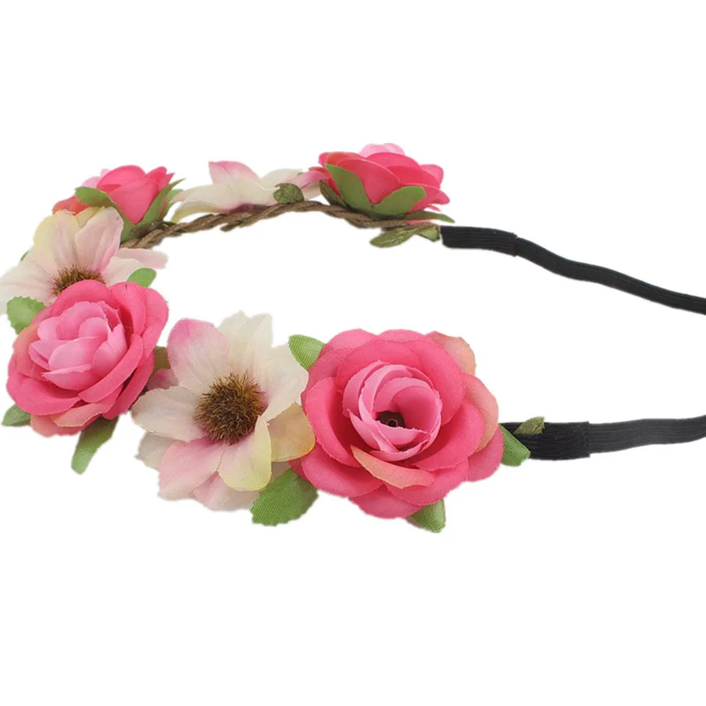 

6Pcs Floral Headband Elastic Bohemia Rose Garland Wreath Yellow Rosy Pink Orange Dark Green Pinky White Festival Party Holidays