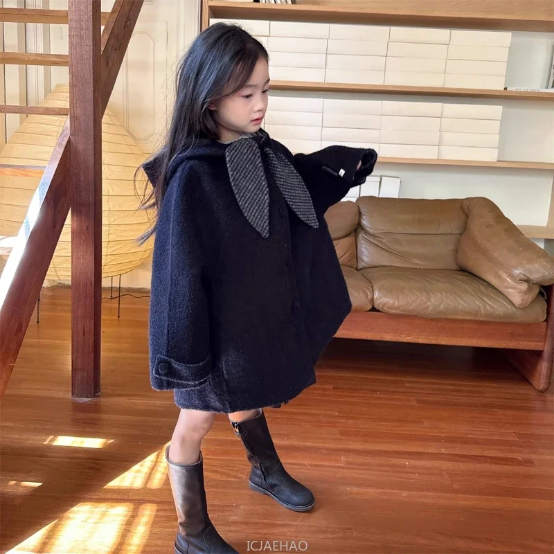 

Teen Girl Clothes Kids Wool Double Faced Girls Hooded Plaid Handmade Costume Winter Cape Coat Children Reversible Black Gray