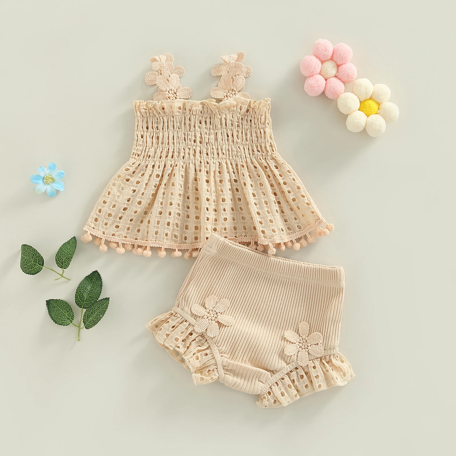 Fashion Toddler Baby Girls Summer Cute Outfit Solid Color Cutout Pleated Tank Tops and Stretch Casual Ruffle Shorts Set