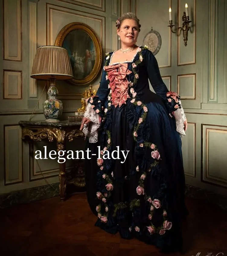 

Square Neck Jewel Blue Victorian Prom Dress Vintage Gothic Floral 3D Edwardian Evening Opera Dresses Masquerade Customised