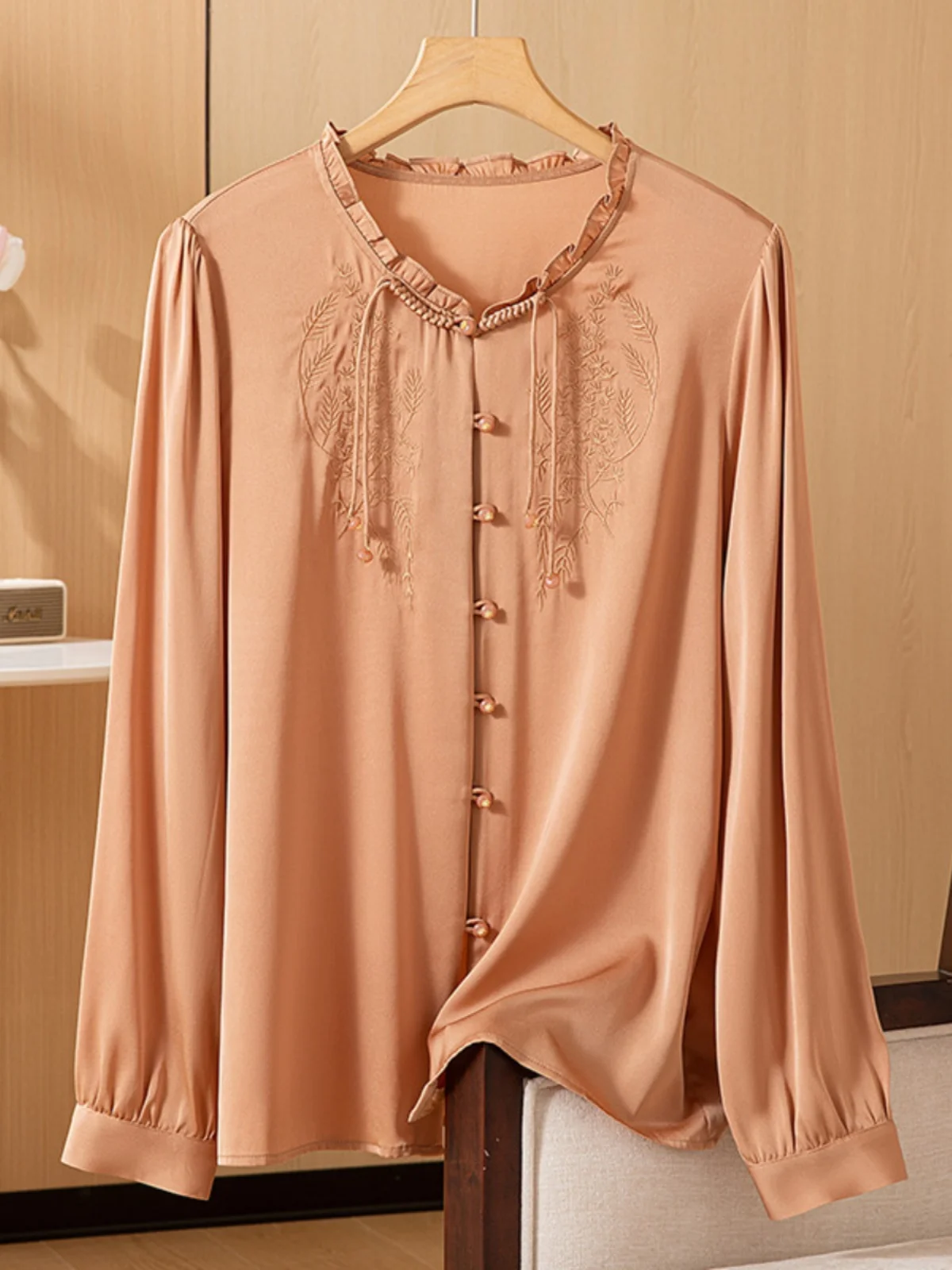 High Quality High-End Brand Real Silk Shirt Women's Long Sleeve 2024 New Chinese Embroidery Top