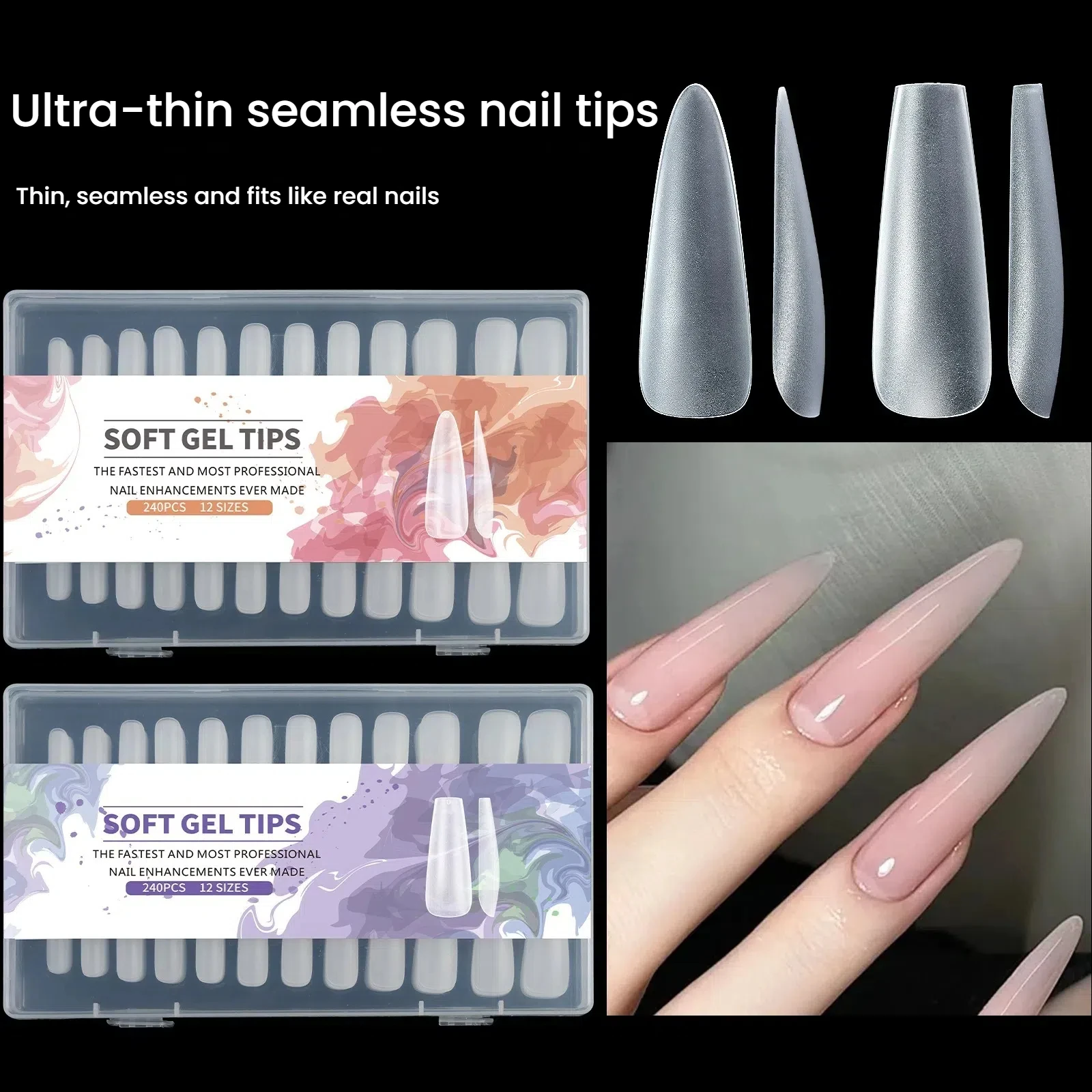 240pcs Clear Matte Foldable Seamless Fake Nails Trendy Extra Long Trapezoid & Drop Shape Pro for Nail Art Salon DIY Enthusiasts