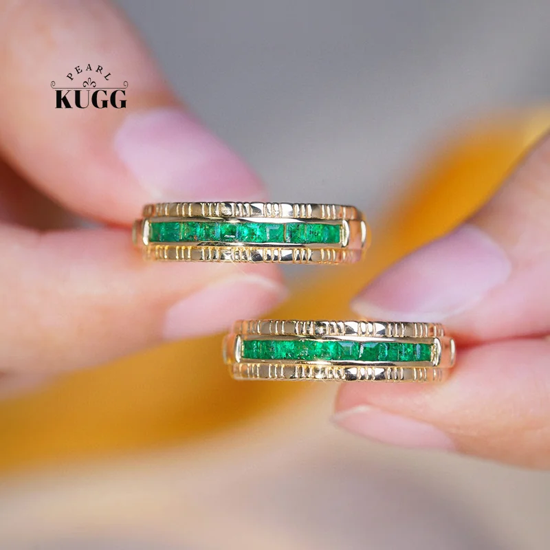 

KUGG 100% 18K Yellow Gold Rings Fashion Matel Design 0.40carat Real Natural Emerald Engagement Ring for Women High Party Jewelry