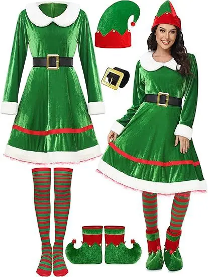 Robe Mère Noël en Velours avec Chaussettes Rayées et Bonnet de Lutin – photo 4