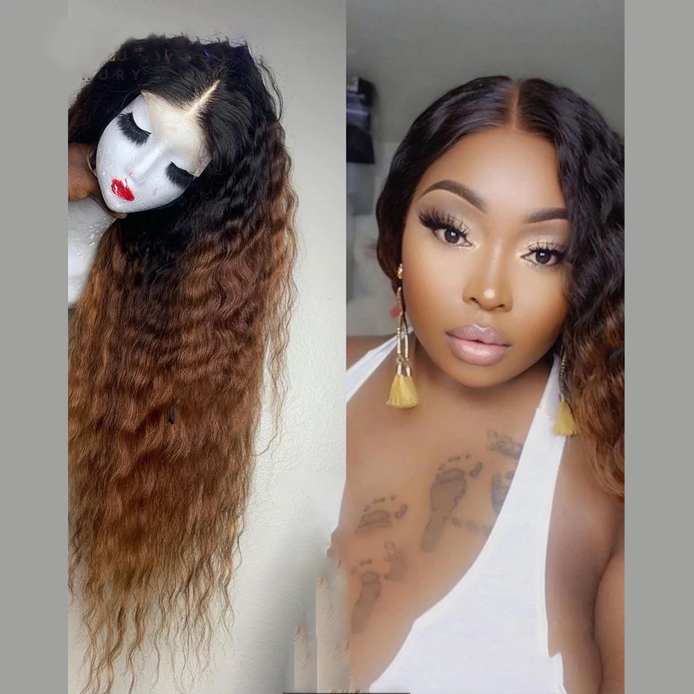 

Soft Long Ombre Brown Glueless 180Density 26Inch Kinky Curly Deep Lace Front Wig For Women With Baby Hair Preplucked Daily Wig